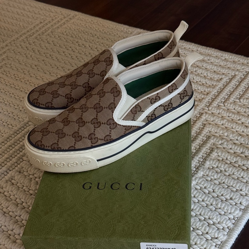 Gucci Brown and Cream Monogram Loafers